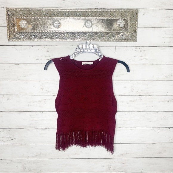 A.L.C. Maroon Knit Fringe Sheer Boho Crop Top Blouse Size Small - Picture 2 of 10